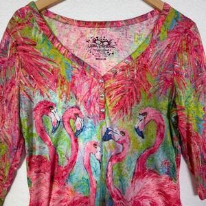 Leoma Lovegrove Womens Medium Pink Flamingo Tropical Henley Top Beachy